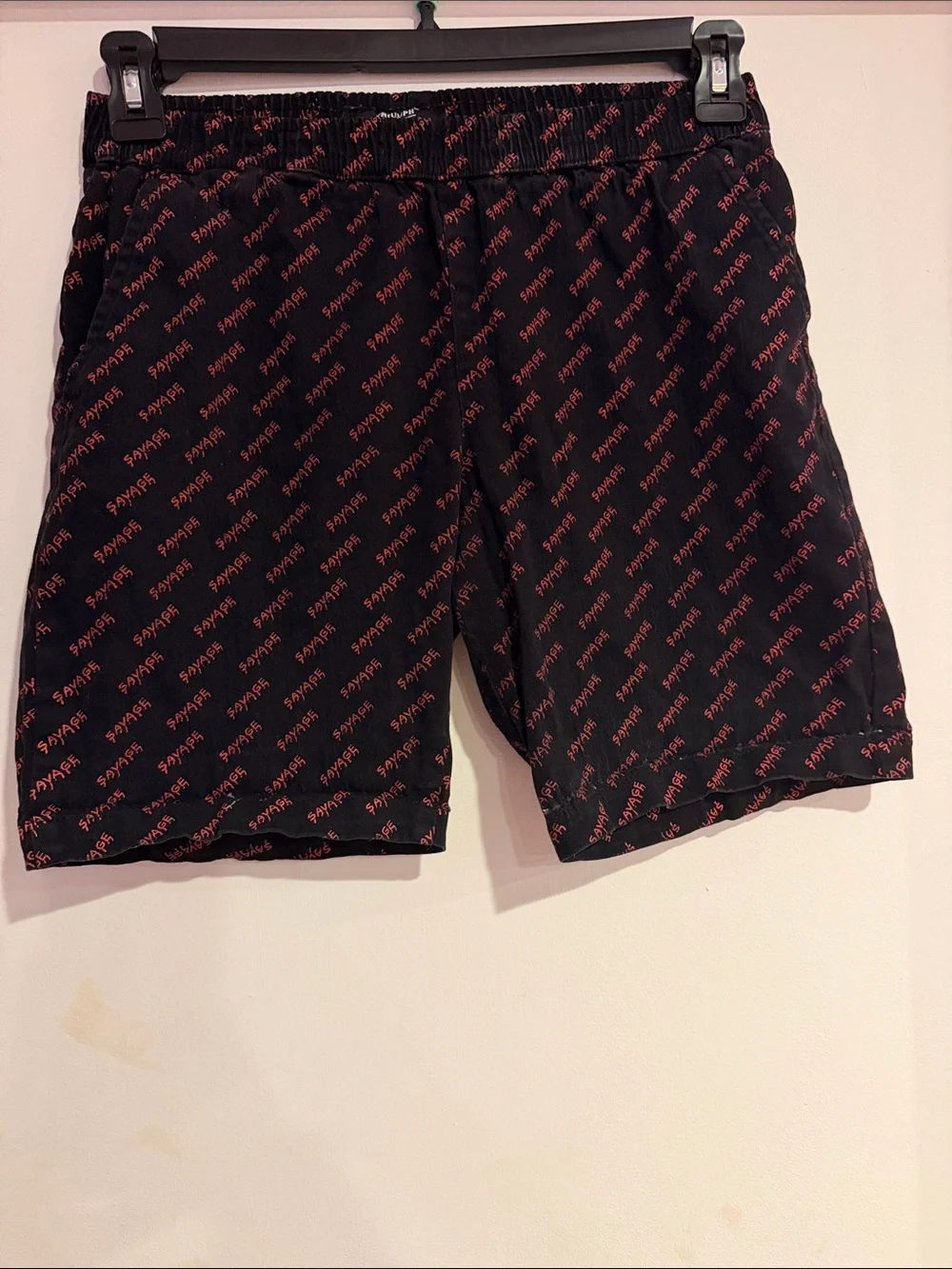 Men's Black Shorts with Red Print - Casual Elastic Waist
